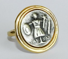 Designer Roman Caesar Coin Silver 925 & Gold 24K Plated Ring Size 8 UK P 1/2