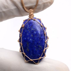 Handmade Natural Lapis Lazuli Cabochon Bohemian Macrame Necklace Healing Pendant
