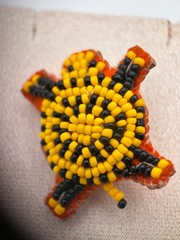 Vintage Beaded Starburst Brooch Pin Yellow Black Orange Felt Boho Artisan