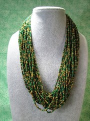 Multi-Strand Green/Gold Glass Beaded Necklace w/Crocheted-Button Clasp 21″ / P