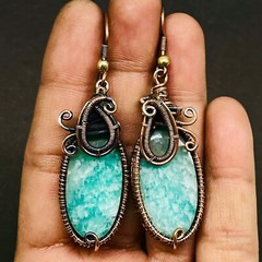 Natural Amazonite Gemstone Copper Wire Wrapped Handcrafted Earrings 45x18mm