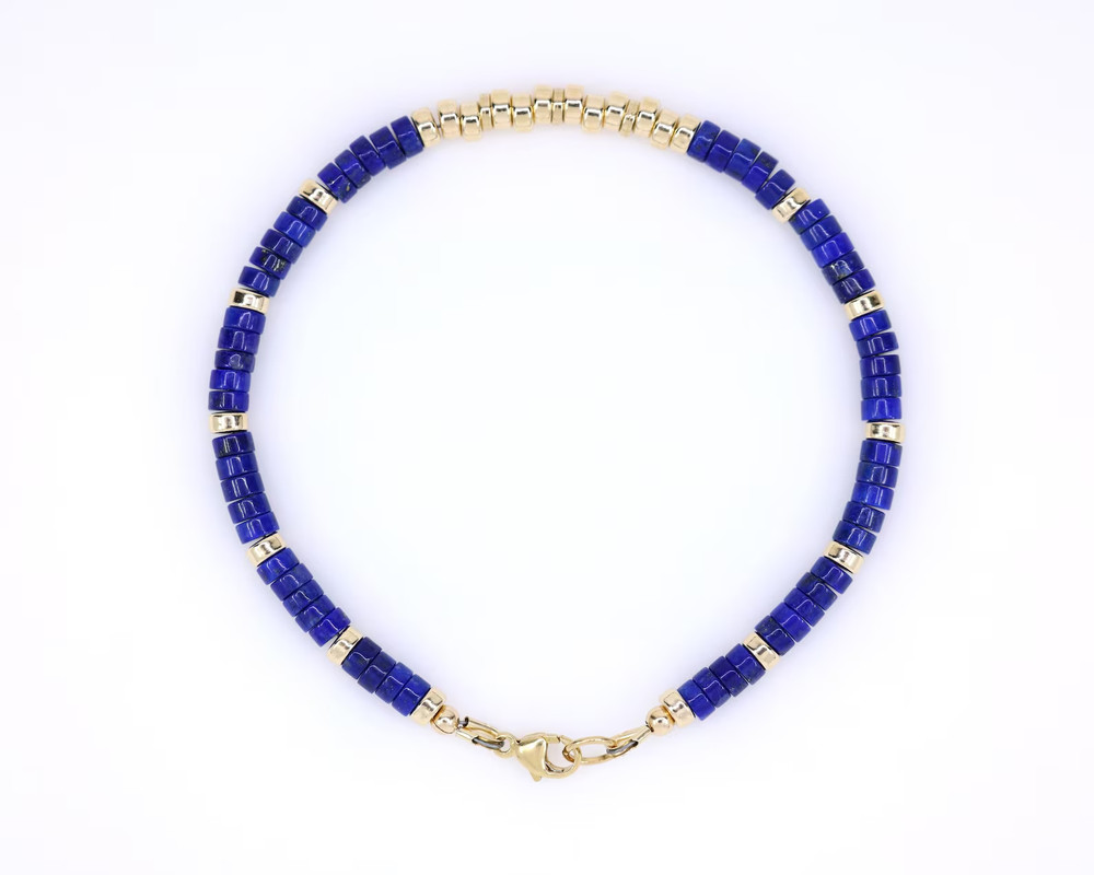 Solid 14K Gold Lapis Lazuli Heishi Bracelet, 4mm AAAA+ Heishi Rondelle Beads