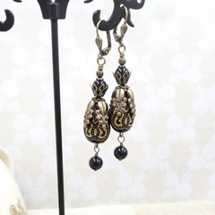 Black Victorian Earrings: Antique Brass Filigree, Acrylic Bead Dangle Jewelry