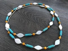Long Necklace of White and Orange Shell Beads with Turquoise Magnesite Stone