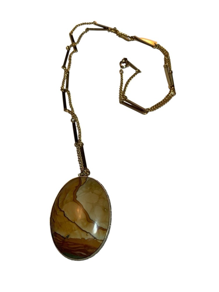 Brown Picture Landscape Jasper Pendant With 12.5” Gold Filled Chain