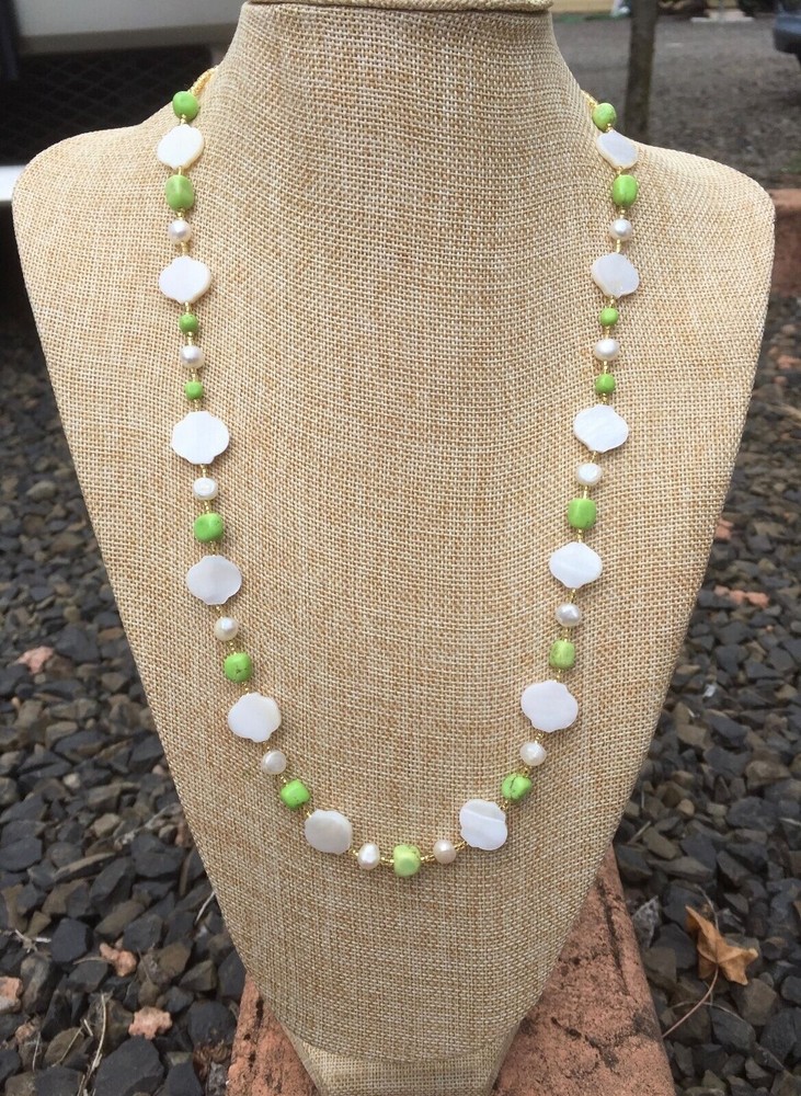 Handmade Necklace of Green Chalk Turquoise, Freshwater Pearl and MOP Shell Beads