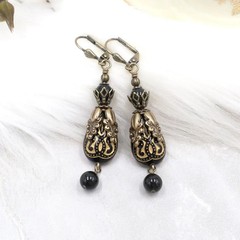 Black Victorian Earrings: Antique Brass Filigree, Acrylic Bead Dangle Jewelry
