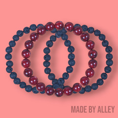 Handmade 3 Set Beaded Bracelets – 1 Dark Red Quartz & 2 Black Lava Rock Bracelet