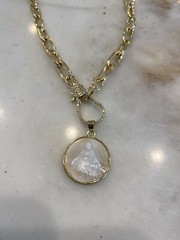 Religious Mother of Pearl Virgin Mary Pendant on Gold Link Chain Necklace