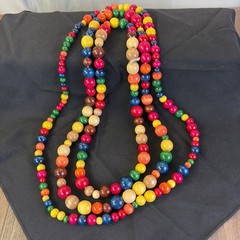 Set of 3 Vintage Multi Colored Round Wood Bead Boho Statement Necklaces