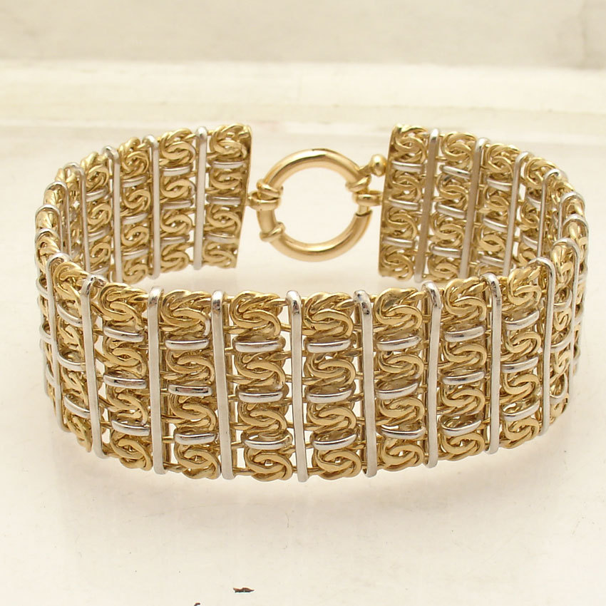 4 Row Wide TwoTone Status Byzantine Station Bracelet Real 14K Yellow White Gold