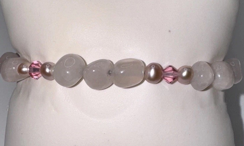 Rose Quartz & Real Pearl Bracelet Pink Crystal Heart Toggle Clasp 8” Handmade