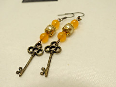 Dangle Key Beaded Earrings Yellow/Bronze Tone Handmade