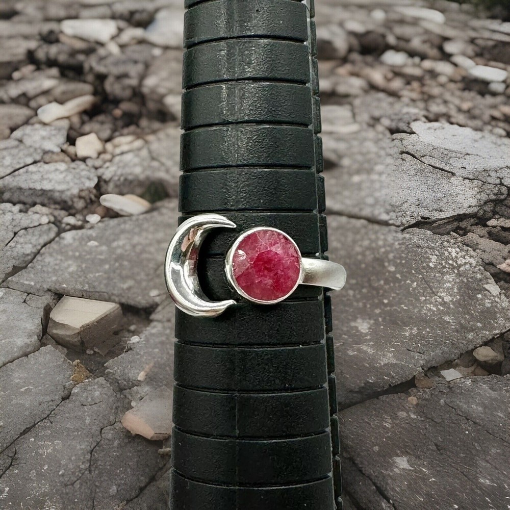 Ruby Corundum Gemstone 925 Sterling Silver With Moon Ring Adjustable Ring