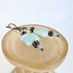 Vintage Sterling Silver Dangle Earring Square Faceted Larimar 1.25 Inc / 3.2 CM