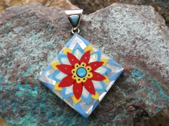 Vibrant Flower Micro Inlay Gemstone Fire Opal Sterling Silver 925 Pendant Ai8