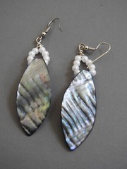 long MOTHER OF PEARL ABALONE pierced earrings w/faux pearls dangle