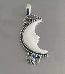 Carved Crescent Half Moon Face & Marquise Tanzanite 925 Sterling Silver Pendant