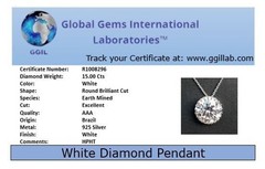 RARE 15 Ct Certified White Diamond Solitaire Necklace ! FREE Diamond studs!