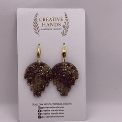 Handmade Polymer Clay Art Deco Dangle Earrings – Brown & Gold