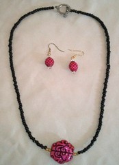 Necklace & Earrings Set Black Sea Beads Gold Spacers Burgundy Handmade – Set 17