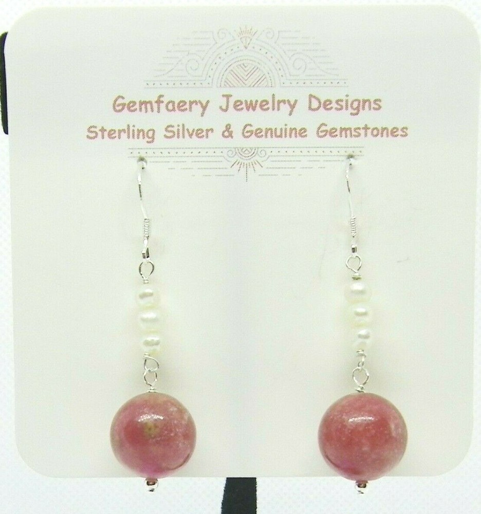 Sterling Silver THULITE & PEARL Gemstone Dangle Earrings #2191…Handmade USA