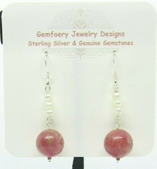 Sterling Silver THULITE & PEARL Gemstone Dangle Earrings #2191…Handmade USA