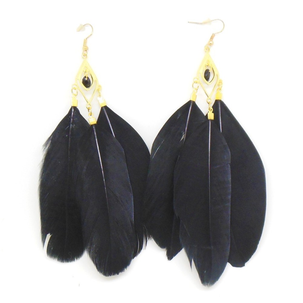 Bohemian Earrings Black Feather Style Gold Accents 5-1/2 inches