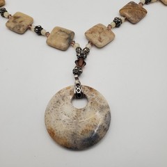 Artisan Hand Crafted Fossil Petoskey Stone Crystal Silver Tone Necklace 18″