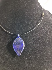 2- Glass Pendant Necklaces Blue & Amber Swirl 14″ Black Cord Purple Green Iris