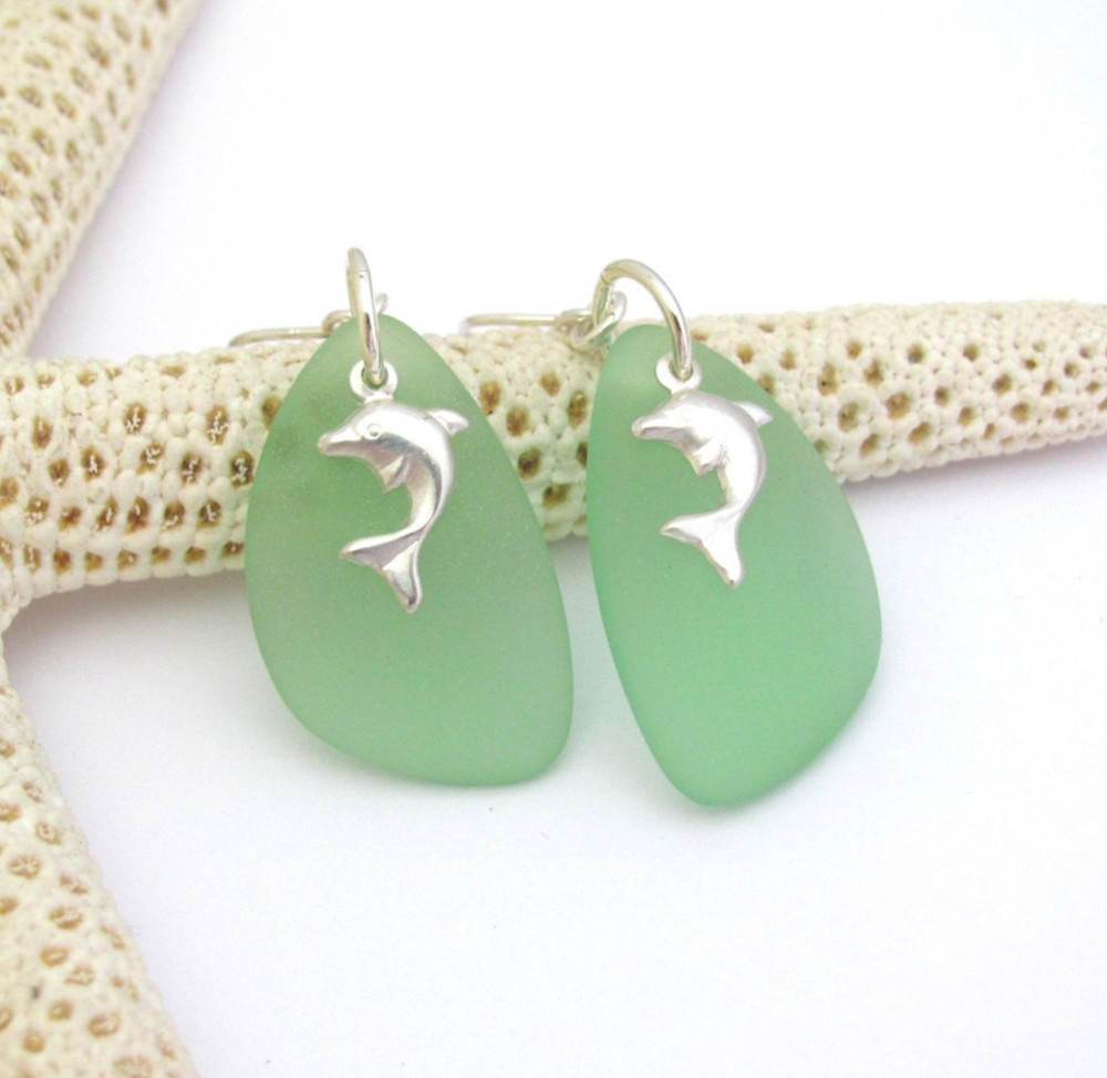 Sea Glass Earrings Sterling Silver Dolphin Bottle Green Birthday Resort Jewelry