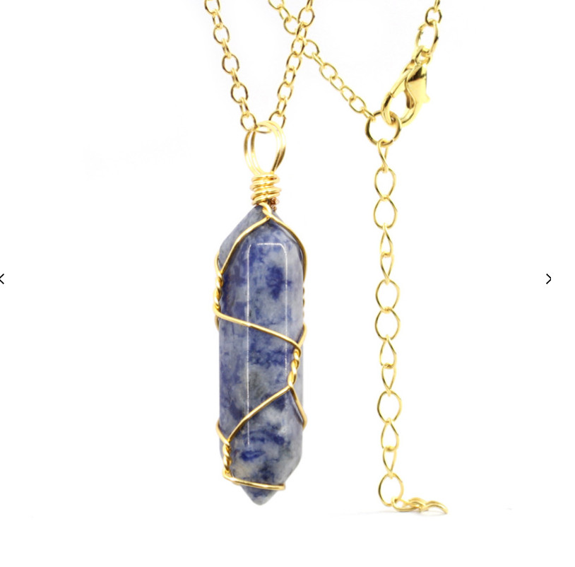 Natural Blue Soladite Handmade Point Necklace Hexagon Chain Gold wire wrapped Pe