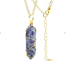 Natural Blue Soladite Handmade Point Necklace Hexagon Chain Gold wire wrapped Pe
