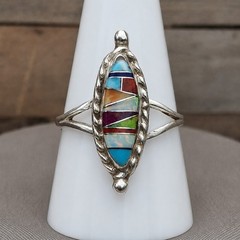 Sterling Silver Zuni Style Inlay Ring Size 10 Multi Stone Signed R Southwestern