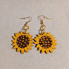 Handmade Sunflower Wooden Dangle Earrings, Lightweight Painted Jewelry