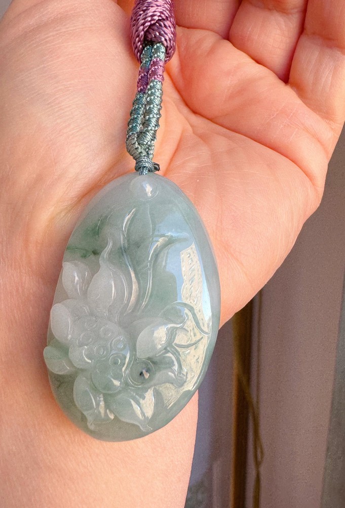 Creamy Bluish Green Lotus Flower Jade/jadeite Pendant Necklace Beautiful