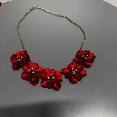 Bold Red Layered Flower Statement Necklace Gold Chain Glam Floral Jewelry