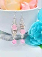 Pink Sea Glass Artisan Wire Braided Silver Earrings-Geometric Dangles- Glass