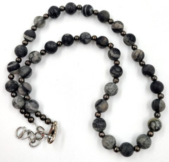 Labradorite Larvikite Stone Bead Protection Necklace 17″ Gray Black Swirls