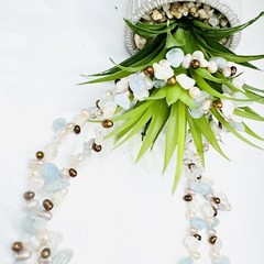Handmade Pink, Purple, Bronze and White Genuine Pearl and Blue Quartz Necklace