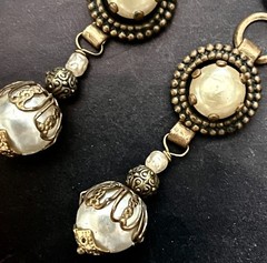Faux Baroque Pearl Drop Earrings, Vintage Creamy Beige Haskell Pearls, Gold Tone