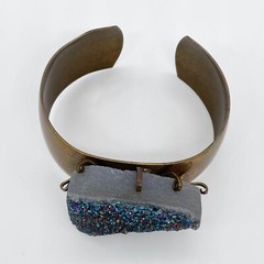Vintage Jan Michaels San Francisco Green Blue Druzy Bronze Quartz Cuff Bracelet