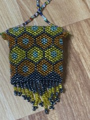 Handmade Glass Seed Bead Necklace Pouch Tassels BOHO Orange Yellow 17″ Drop NEW