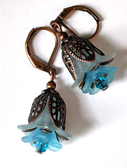 AQUA SKY BLUE acrylic & crystal FLOWER FILIGREE LEAF earring COPPER LEVER BACK