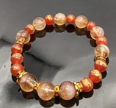 Asian Dragon Bead Dendritic Quartz Enhanced w Golden Rhinestones Beaded Bracelet
