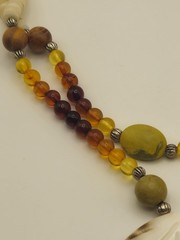 Handmade Amber Beaded Necklace with Shell, Sandalwood and Yellow Turquoise