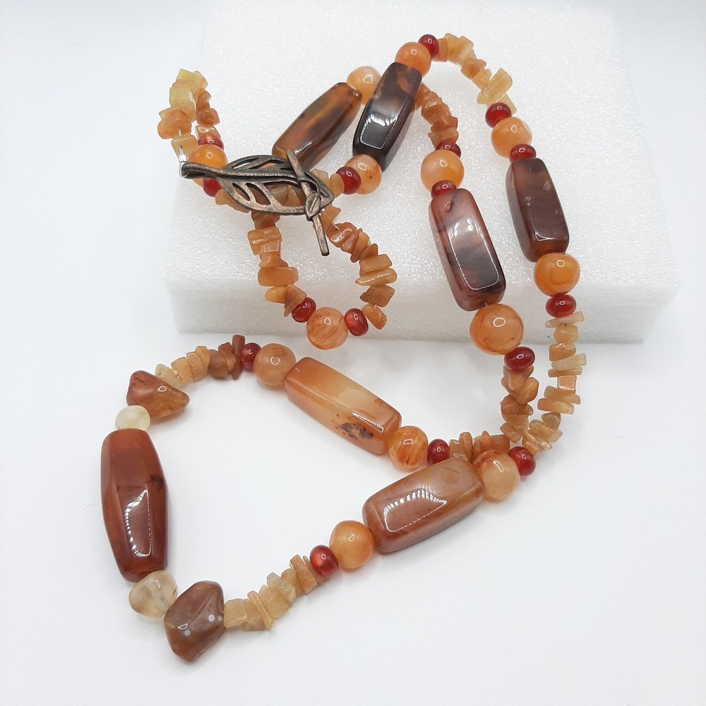 African Antique Style Mali Carnelian Agate Bead Necklace Toggle Leaf Clasp 32″