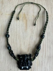 Zapotec Bat God Handcrafted Serpentine Pendant Beaded Macrame Knotting Necklace