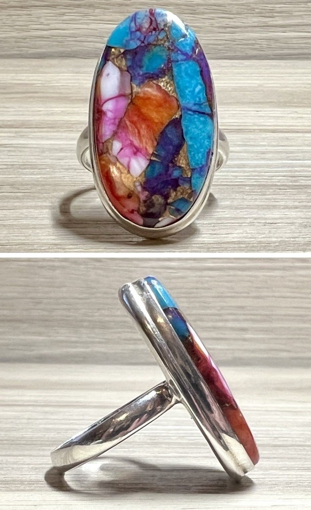 Handmade Sterling Silver Oval Dahlia Copper Turquoise Ring, Size 9.5