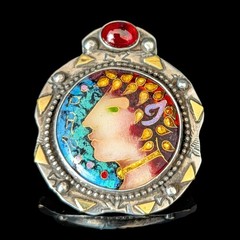LINDA LUNDELL Pan Pendant 18K Gold Sterling Silver Cloisonne Enamel Garnet Sign.